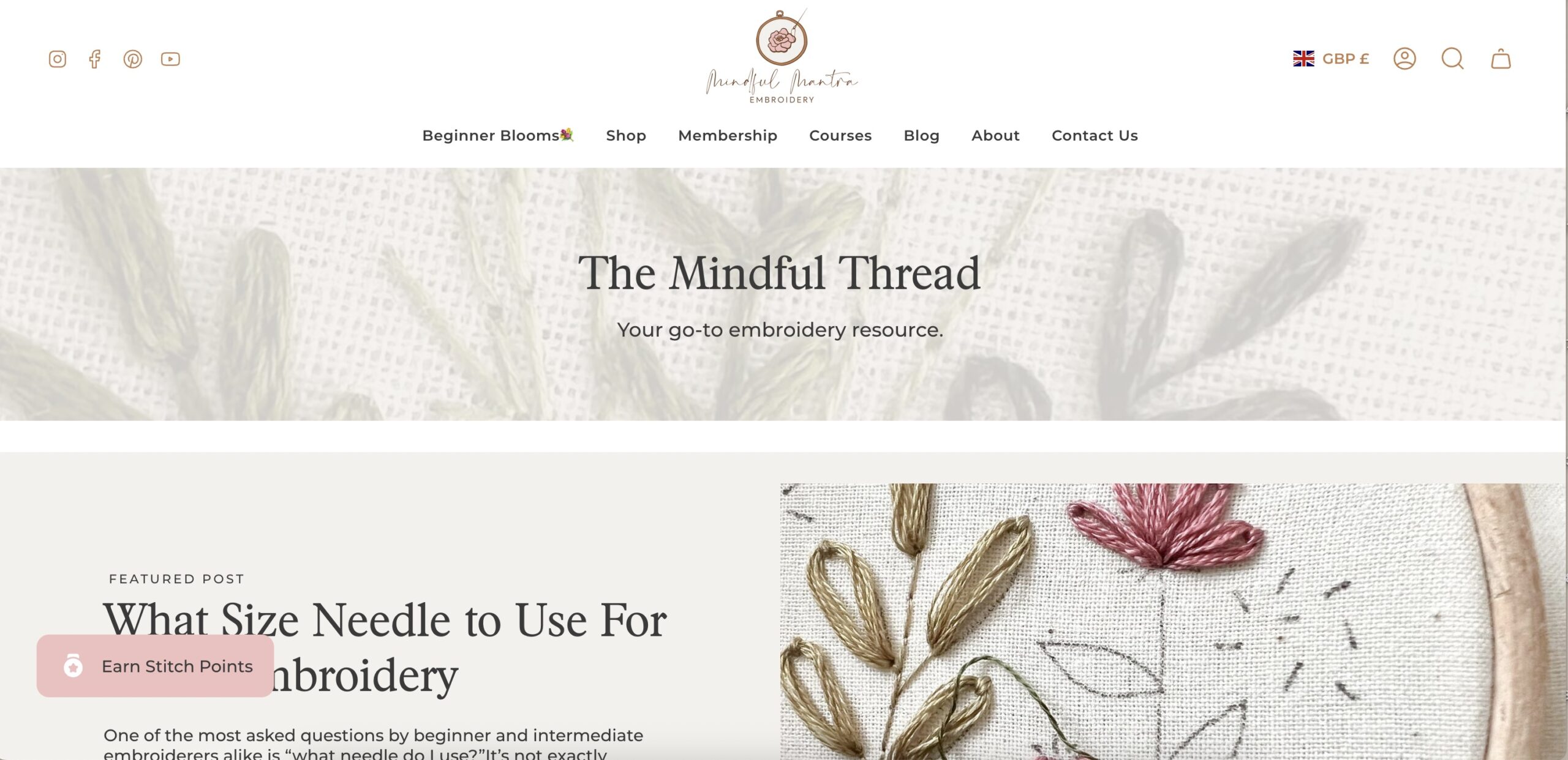A screenshot of Sophie's handmade business, Mindful Mantra Embroidery, and the blog - showcasing how blogging and SEO can help with an email marketing strategy.